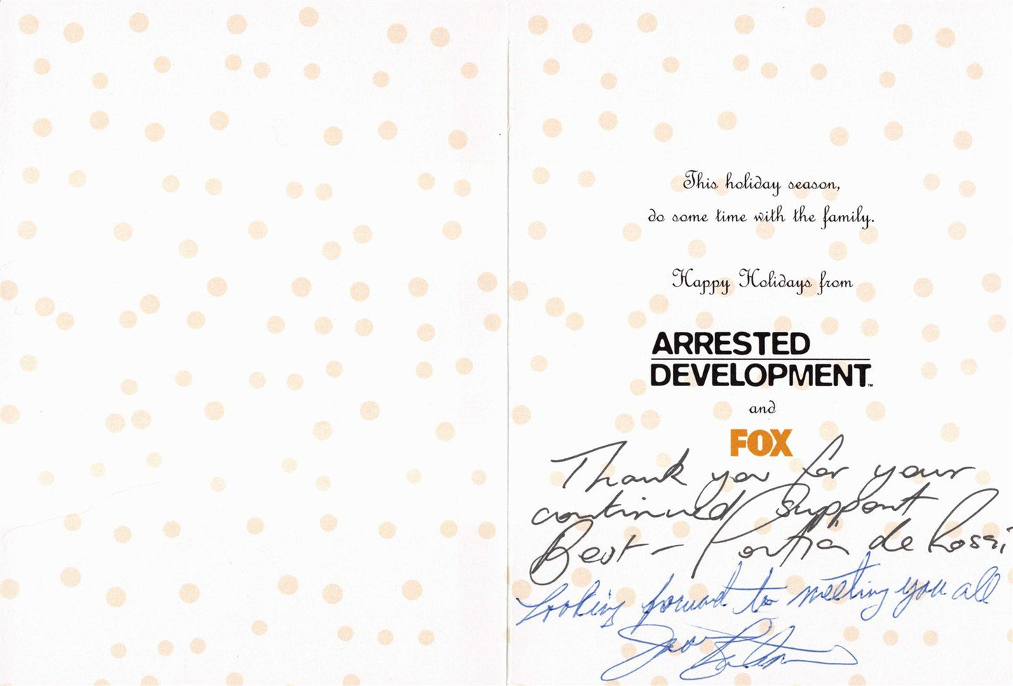 Fox Jason Bateman ARRESTED DEVELOPMENT Portia de Rossi Holiday Card SIGNED