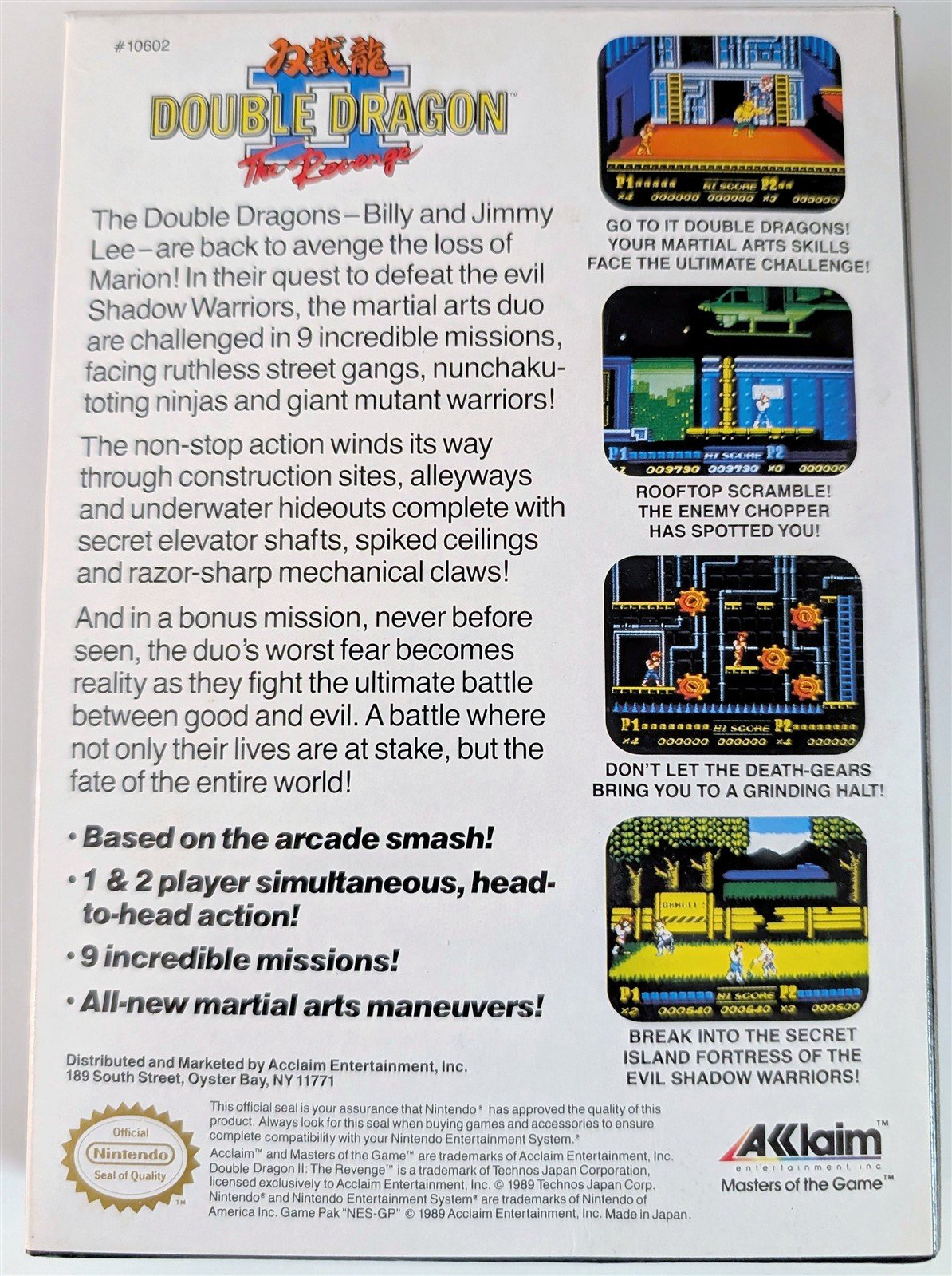 DOUBLE DRAGON II: THE REVENGE Nintendo NES 1990, Game Box Manual, Used, Tested