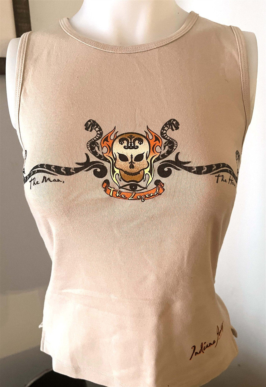 1990's Disney World INDIANA JONES ladies THE MAN THE HERO THE LEGEND tank top