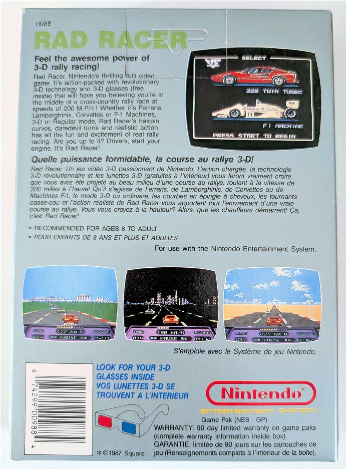 RAD RACER Nintendo NES 1987 Game Box Manual, Used Cdn Version NO GLASSES Tested