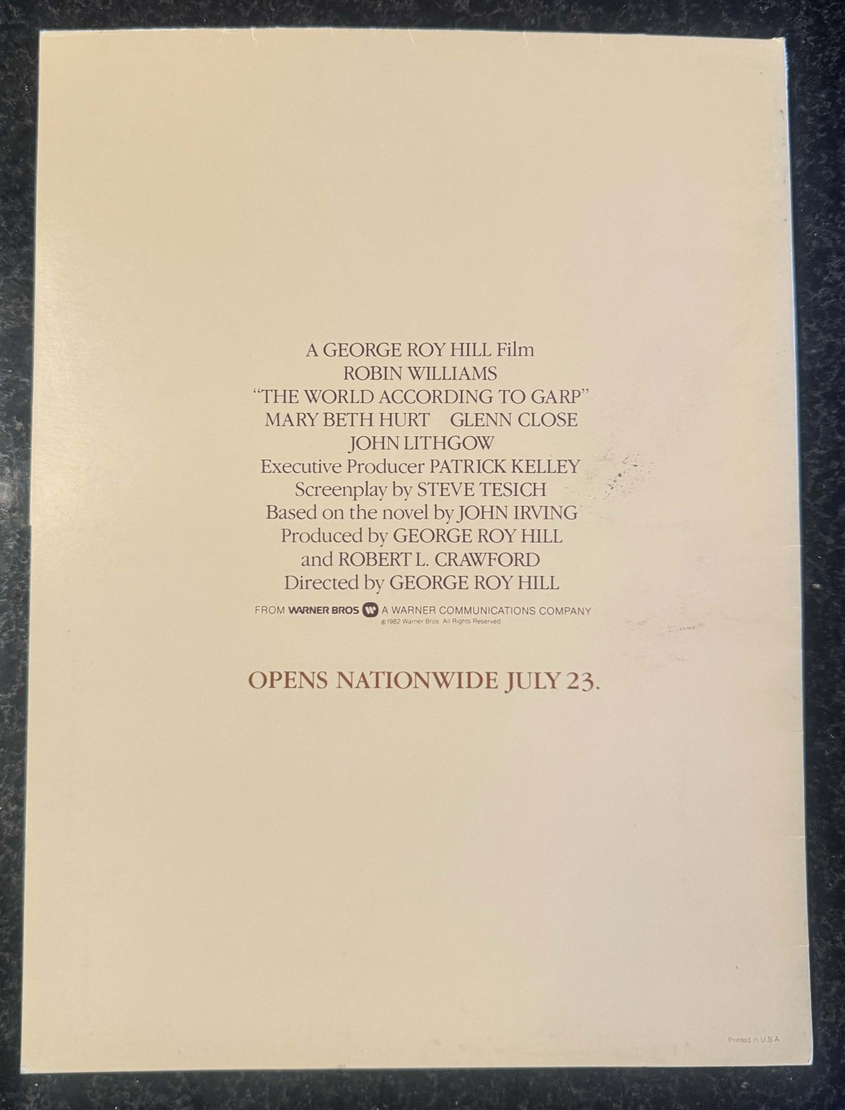 Robin Williams WORLD ACCORDING TO GARP John Lithgow promotional brochure 1982