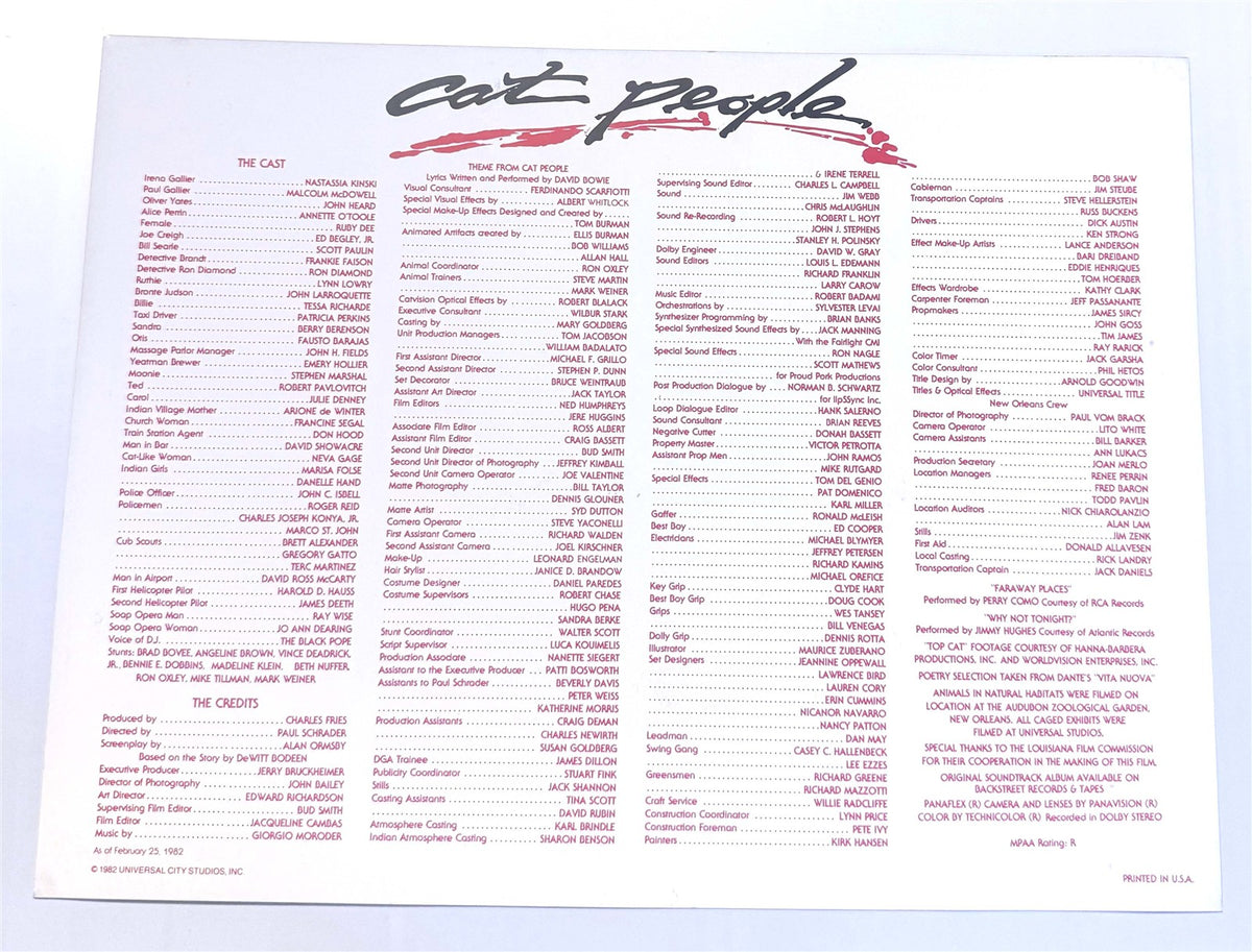Nastassja Kinski CAT PEOPLE Malcolm McDowell promotional credit sheet 1982