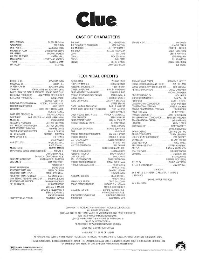 Tim Curry CLUE 1985 credit sheet