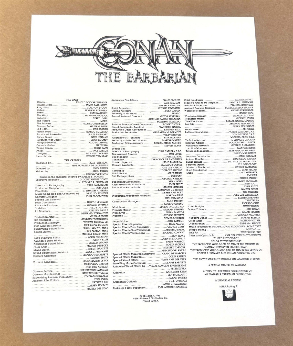 Arnold Schwarzenegger CONAN THE BARBARIAN promotional credit sheet 1982