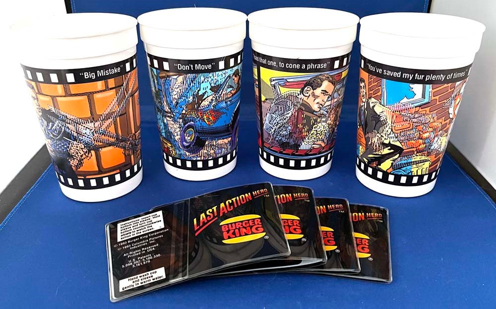 Arnold Schwarzenegger Burger King LAST ACTION HERO set of 4 cups with sleeves