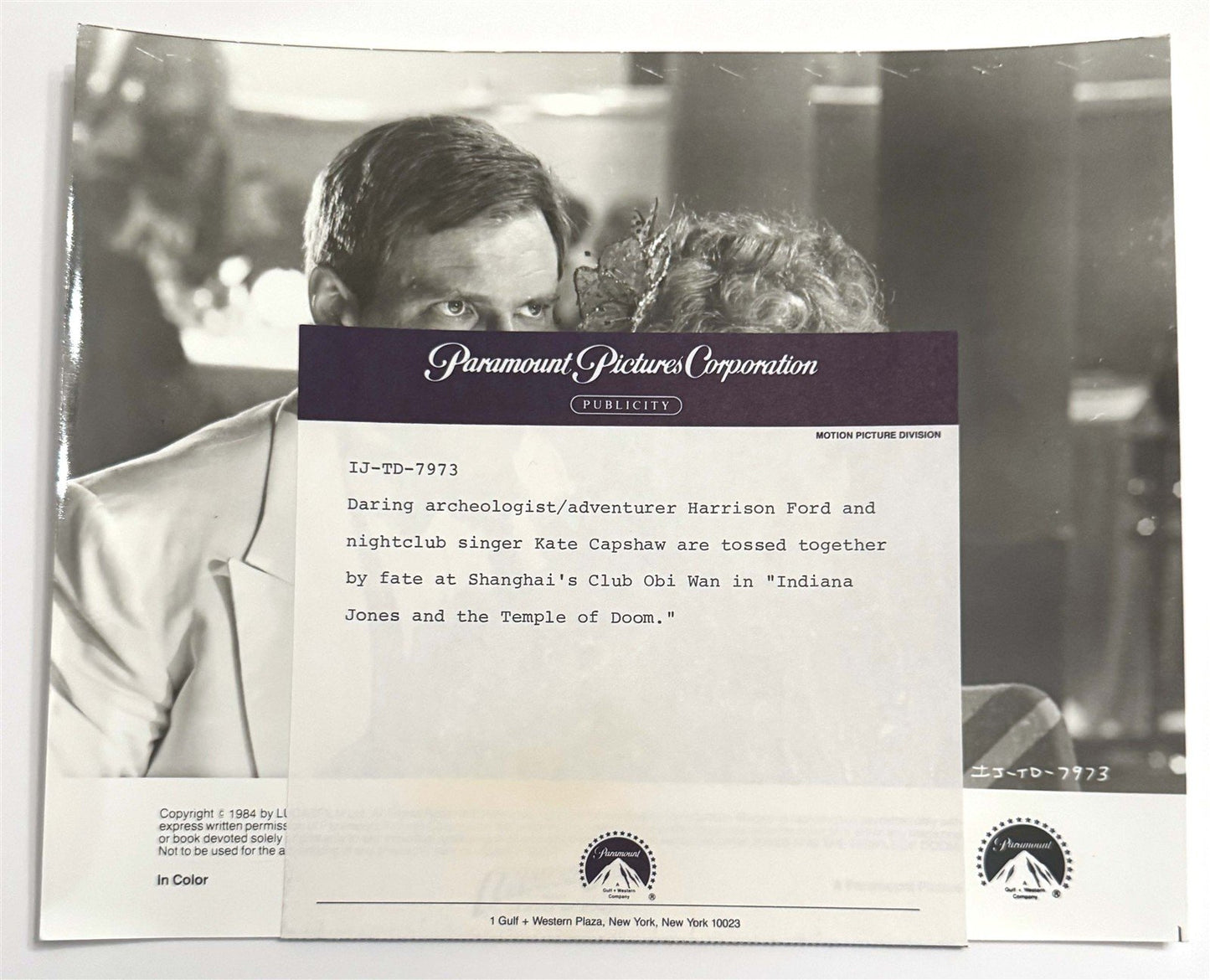 Ford INDIANA JONES TEMPLE OF DOOM Capshaw original 8x10 press photo 1984
