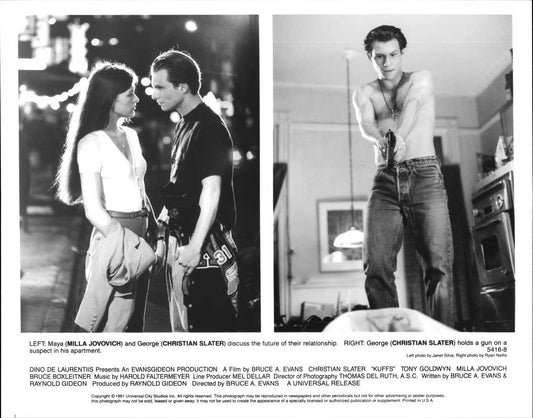 Christian Slater Milla Jovovich KUFFS original 10x8 press photo 1991