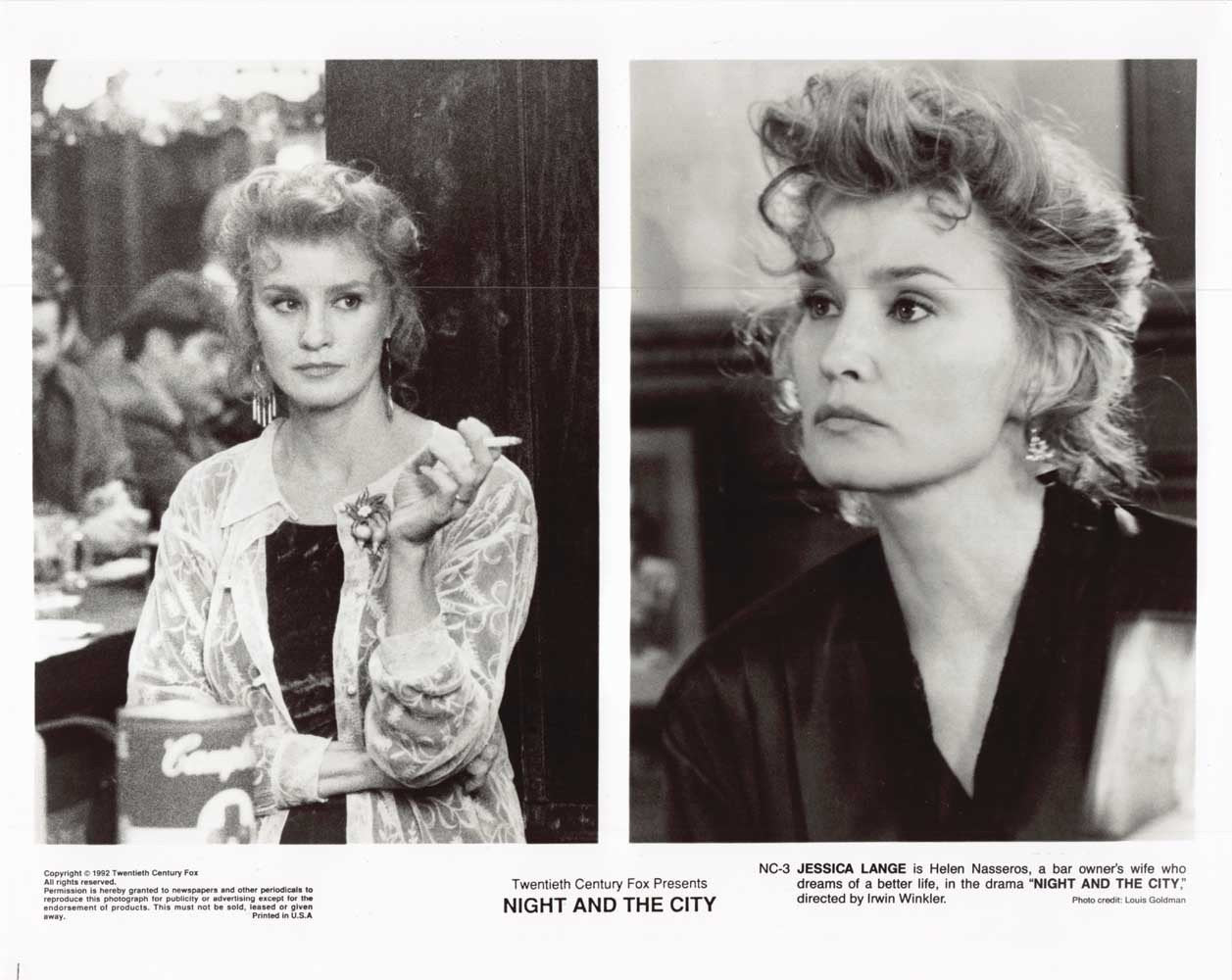 Jessica Lange NIGHT AND THE CITY original 10x8 press photo 1992