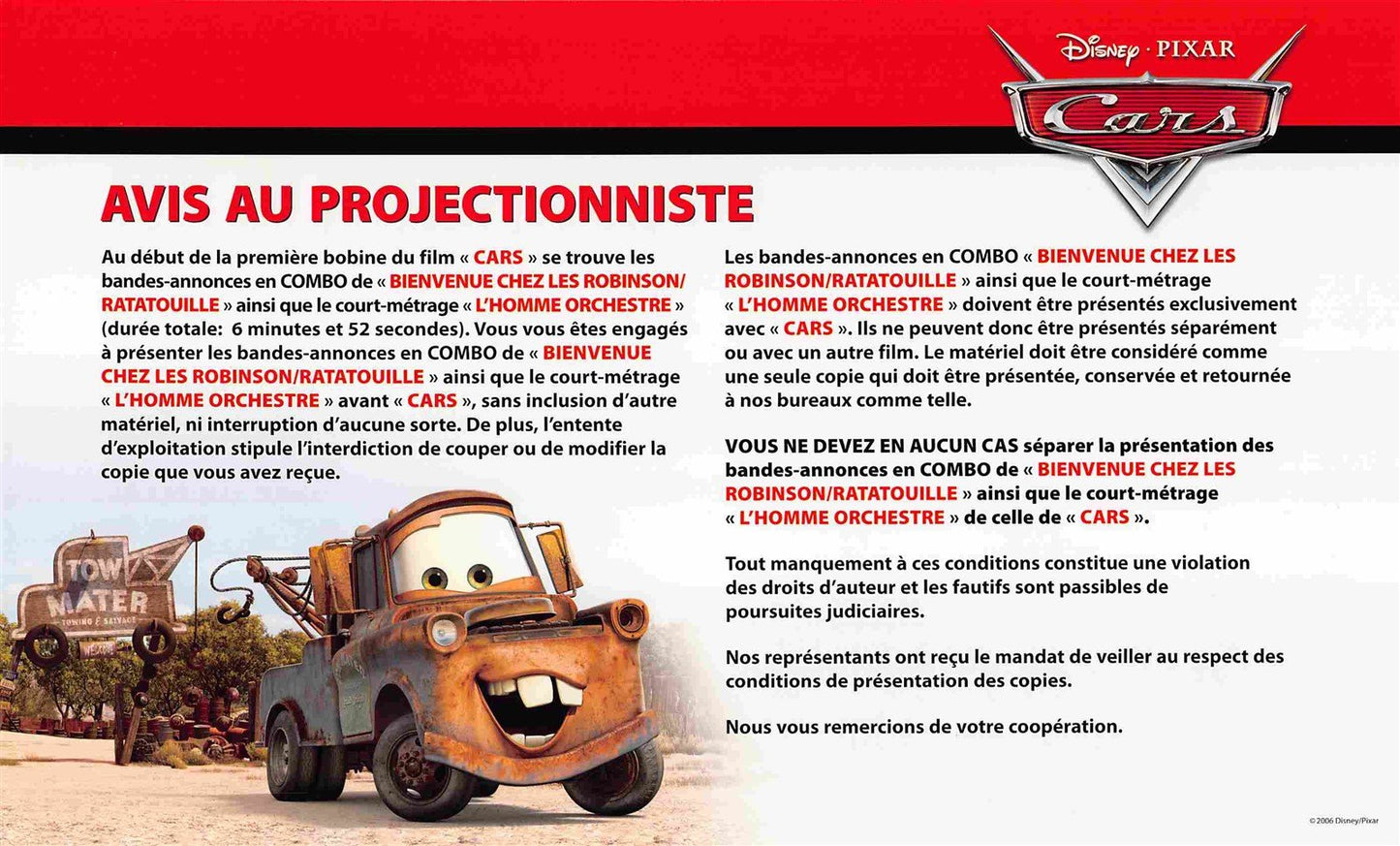 rare Pixar CARS 'Notice to Projectionist' instruction card NEW original