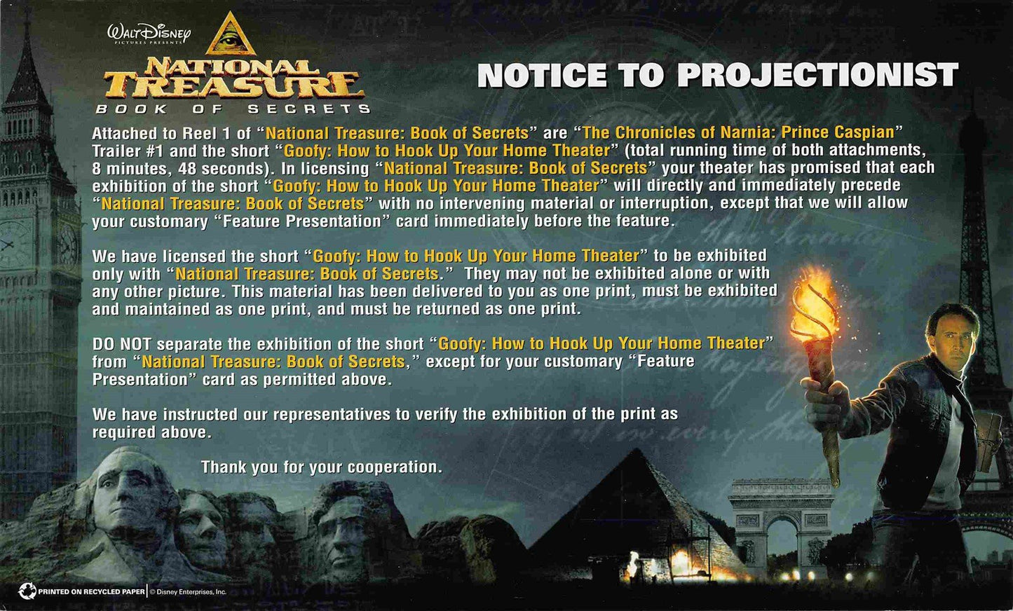 Disney NATIONAL TREASURE 'Notice to Projectionist' instruction card NEW original