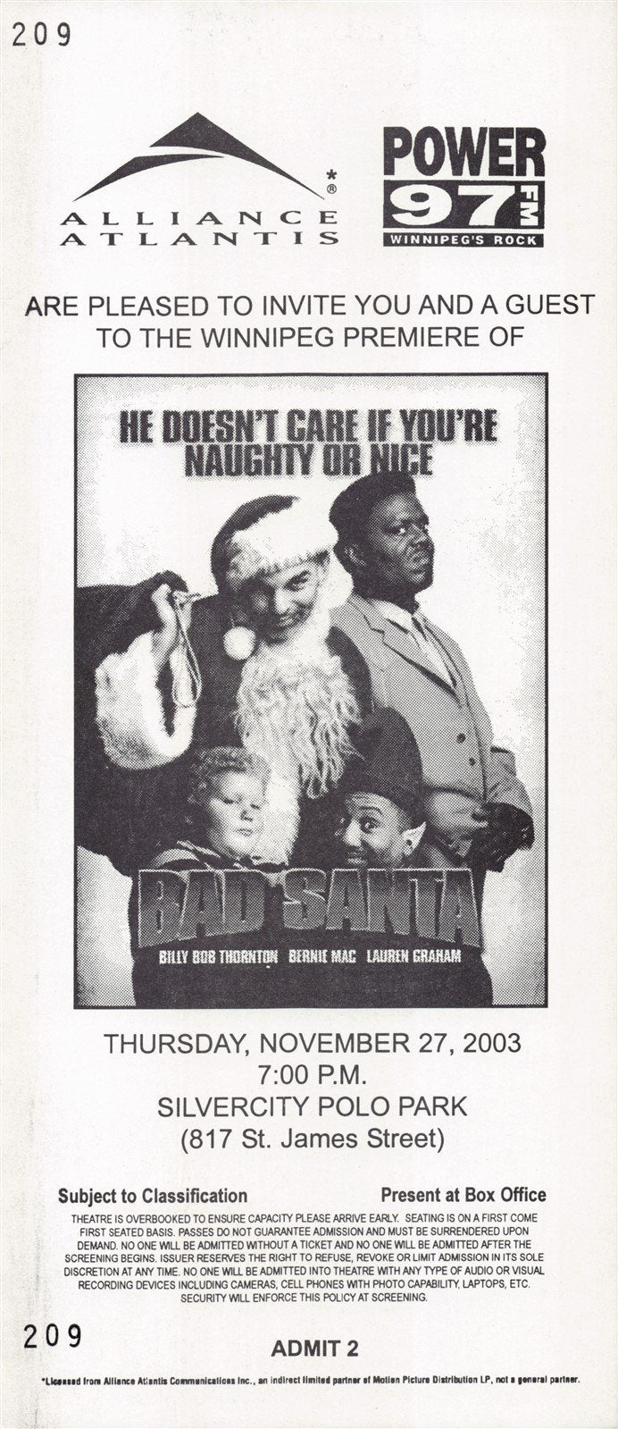 Billy Bob Thornton BAD SANTA Bernie Mac premiere ticket 2003