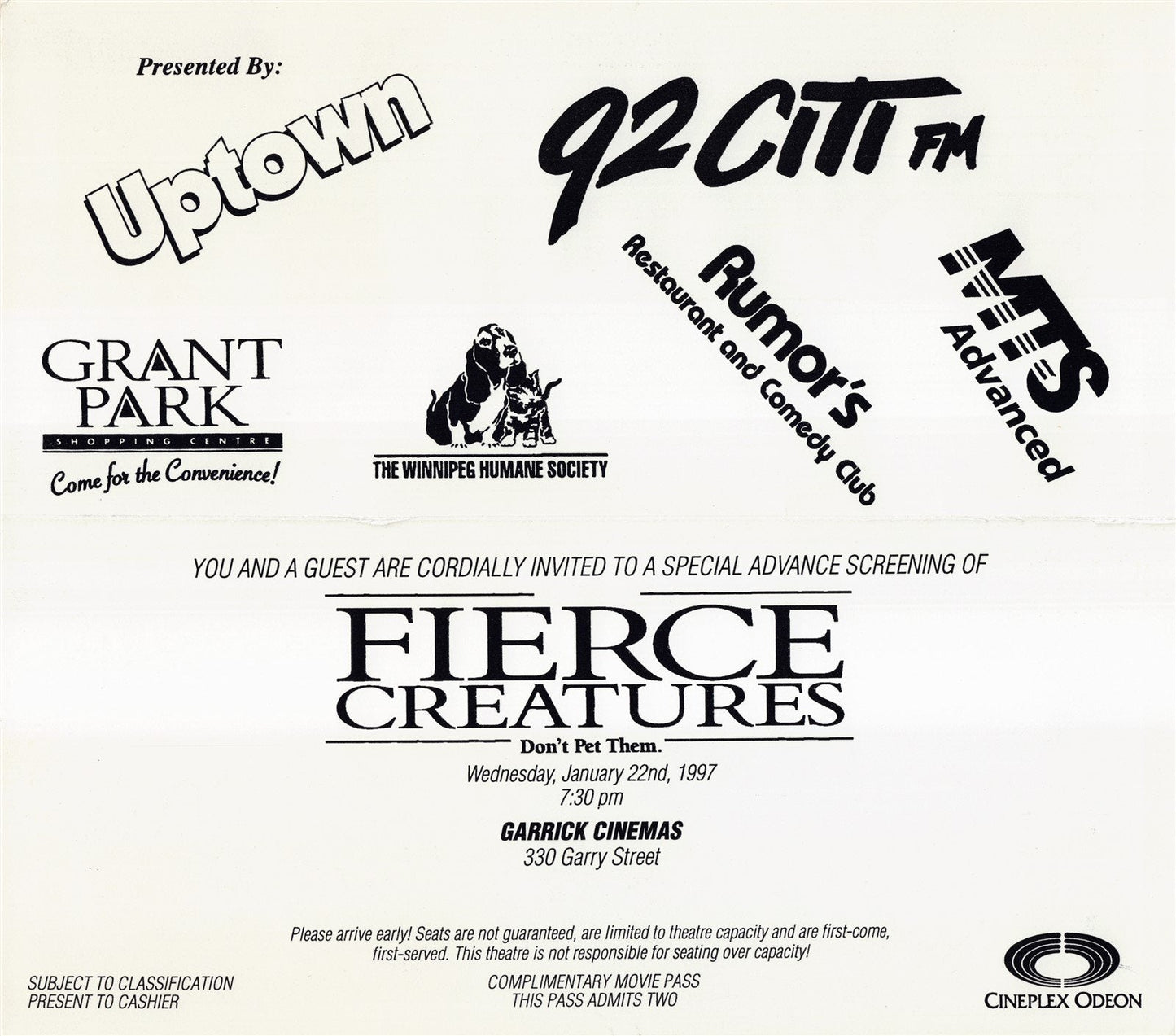 Kevin Kline FIERCE CREATURES Jamie Lee Curtis John Cleese premiere ticket 1997