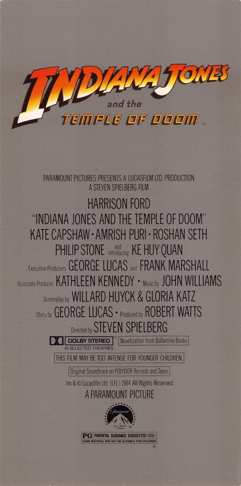 Harrison Ford INDIANA JONES TEMPLE OF DOOM Kate Capshaw premiere ticket 1984