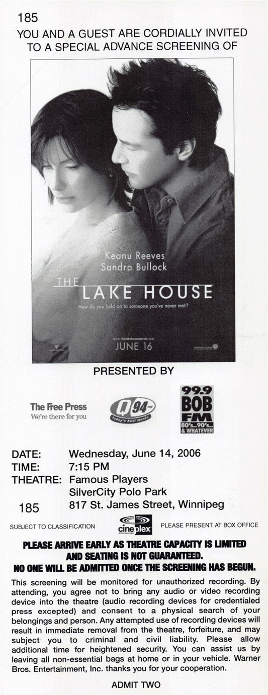 Keanu Reeves THE LAKE HOUSE Sandra Bullock premiere ticket 2006