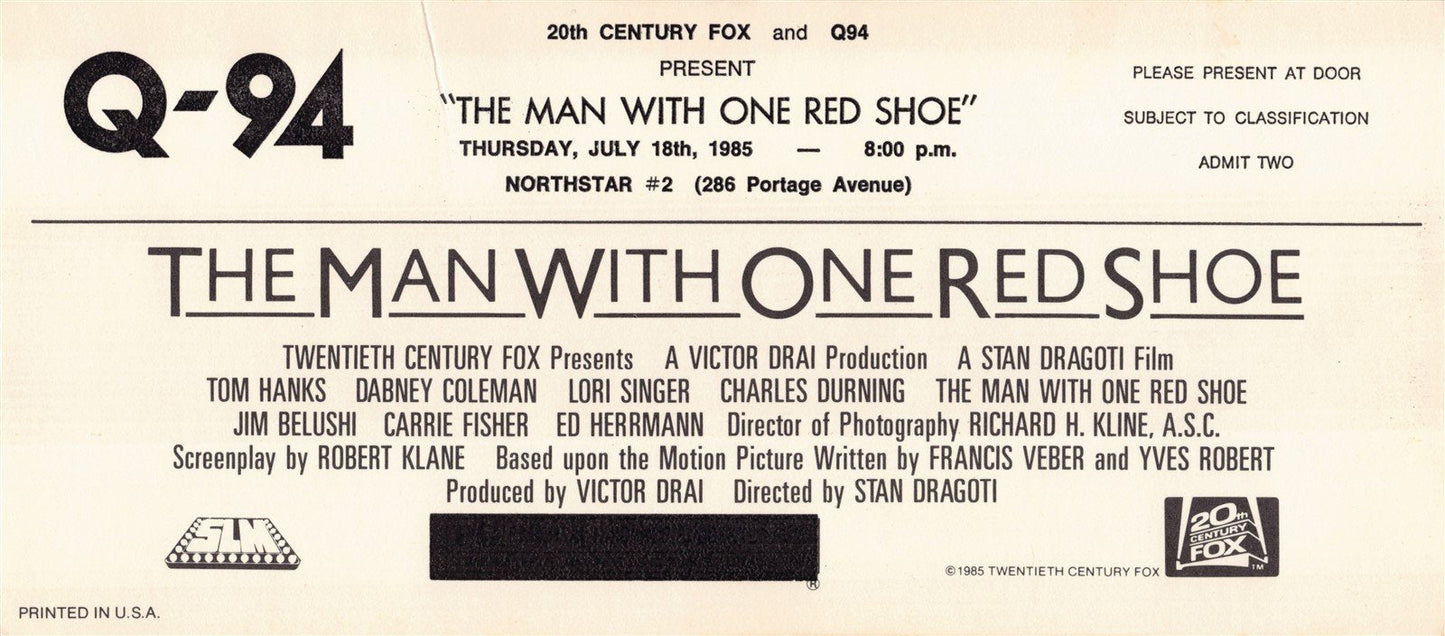 Tom Hanks MAN WITH ONE RED SHOE Lori Singer premiere ticket 1985