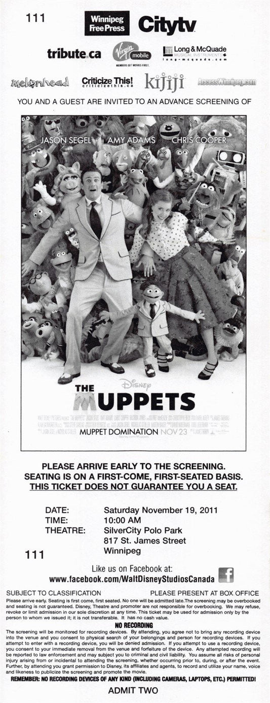 Disney Jason Segel THE MUPPETS Amy Adams original premiere ticket 2011