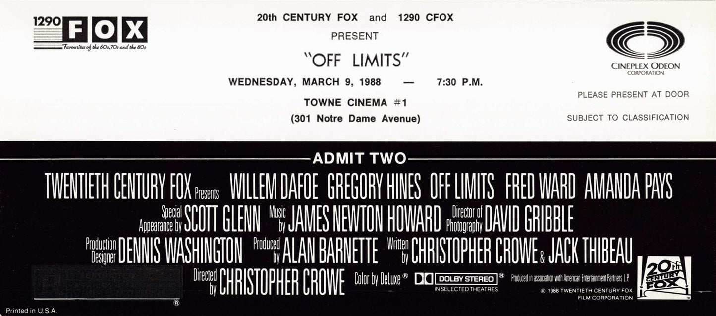 Willem Dafoe OFF LIMITS Gregory Hines premiere ticket 1988