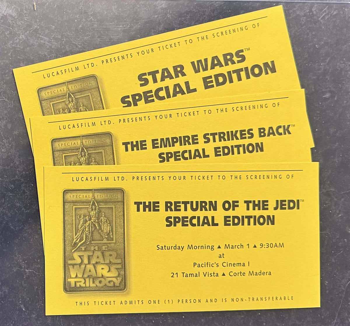 Lucasfilm employee STAR WARS SPECIAL EDITION ticket set (of 3) 1997 Corte Madera