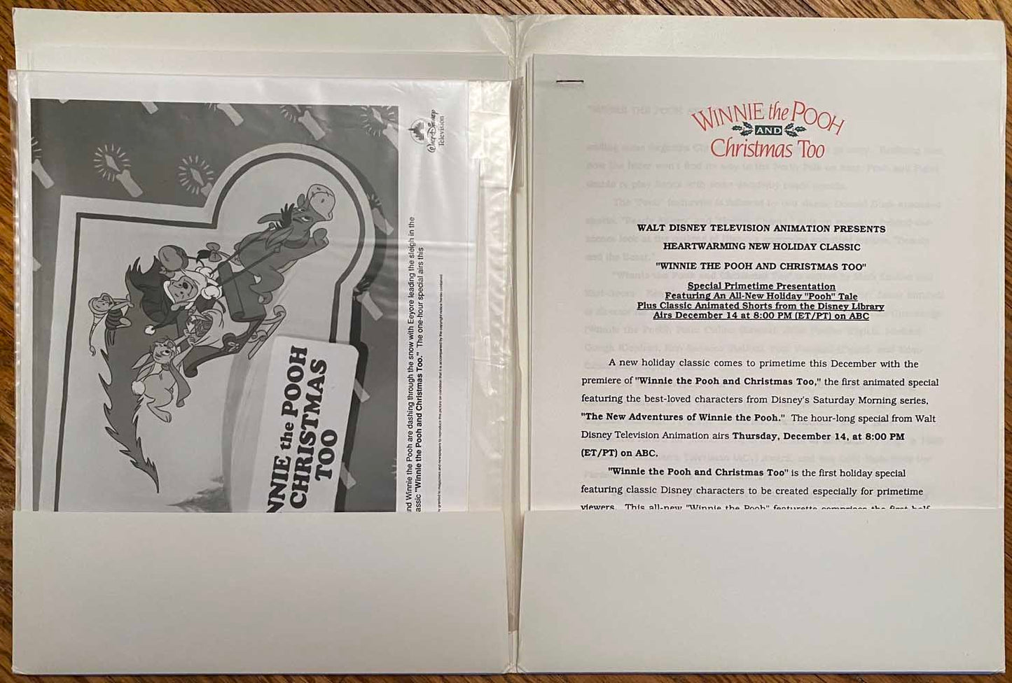Disney 1991 WINNIE THE POOH AND CHRISTMAS TOO press kit with photos
