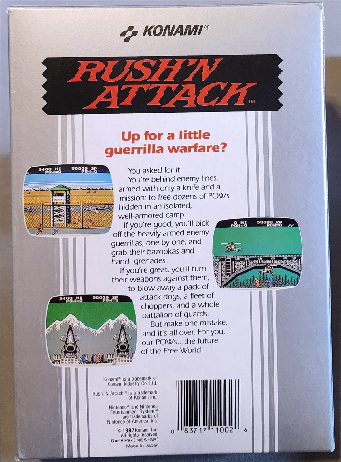 Konami RUSH'N ATTACK Nintendo NES 1987, Game, Sleeve, Box, Manual Used, Tested