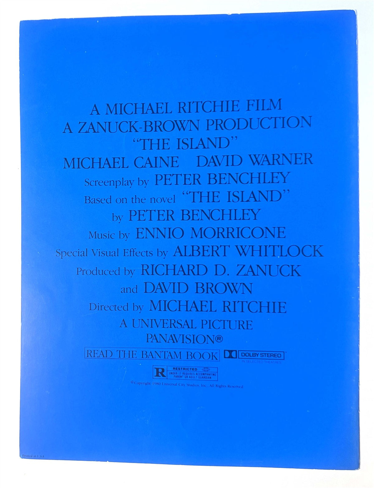 Michael Caine THE ISLAND David Warner credit sheet 1980 Peter Benchley