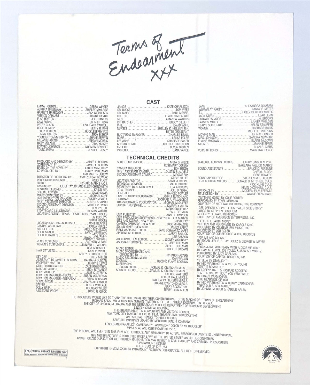 Debra Winger TERMS OF ENDEARMENT Shirley MacLaine promotional credit sheet 1983