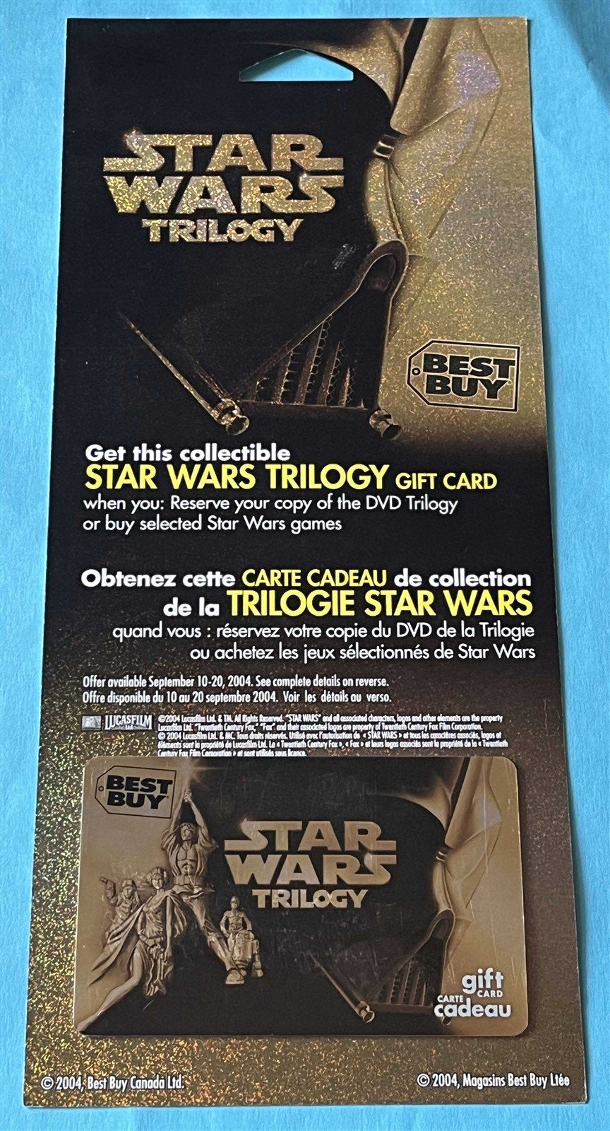 Best Buy Darth Vader STAR WARS TRILOGY gold foil gift card 2004