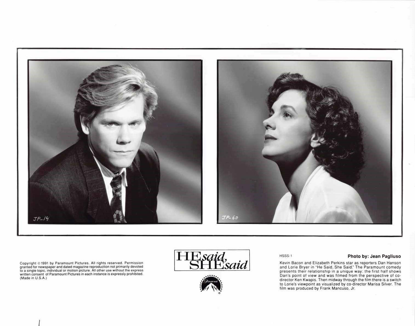 Kevin Bacon HE SAID, SHE SAID Elizabeth Perkins 1991 original 8x10 press photos