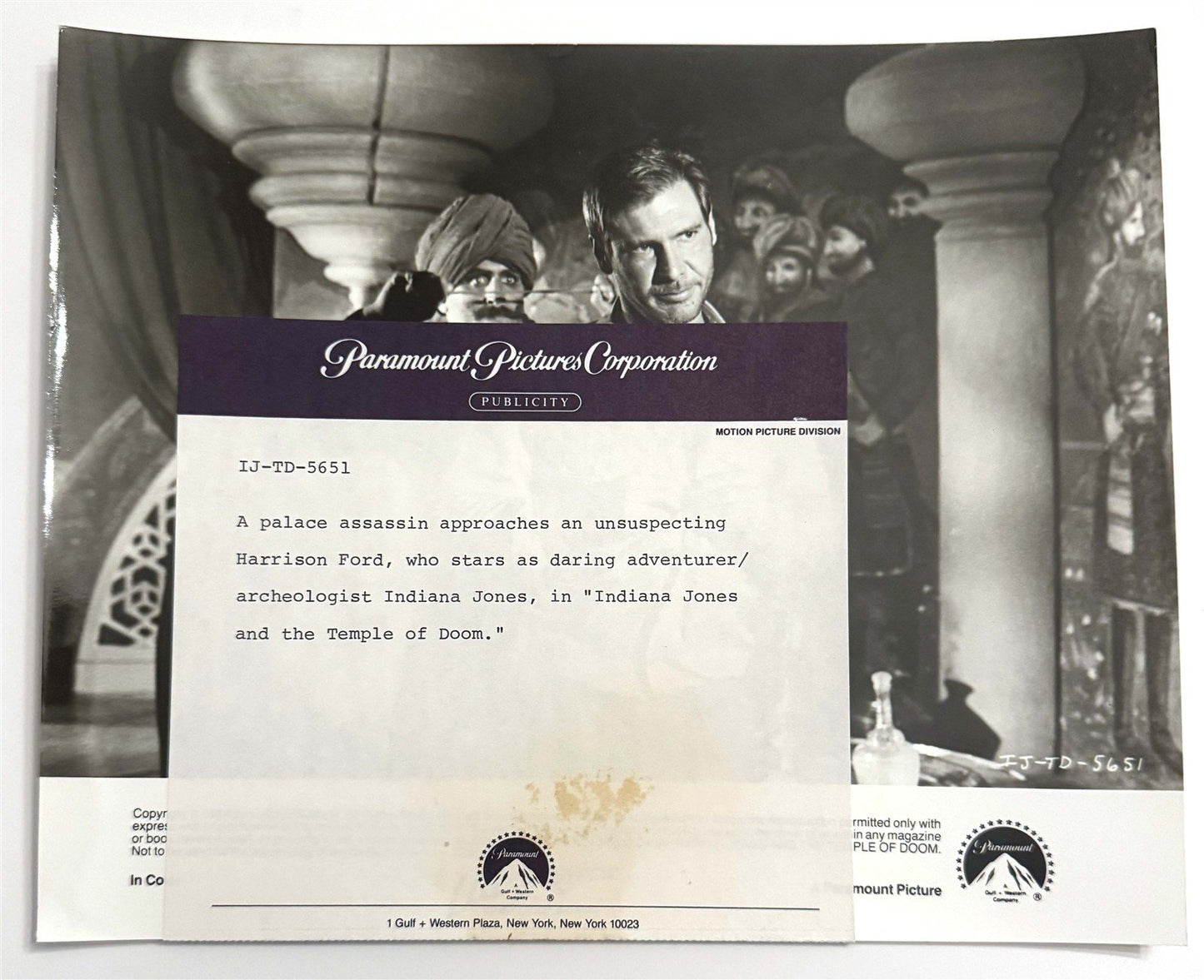 INDIANA JONES TEMPLE OF DOOM Harrison Ford original 8x10 press photo 1984