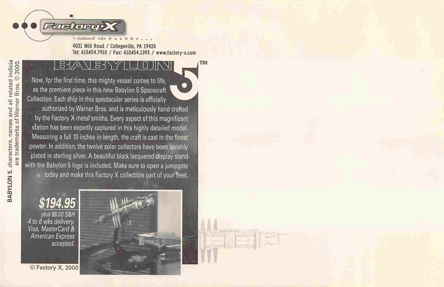 FactoryX BABYLON 5 statue oversized postcard store sell sheet 2000 NEW