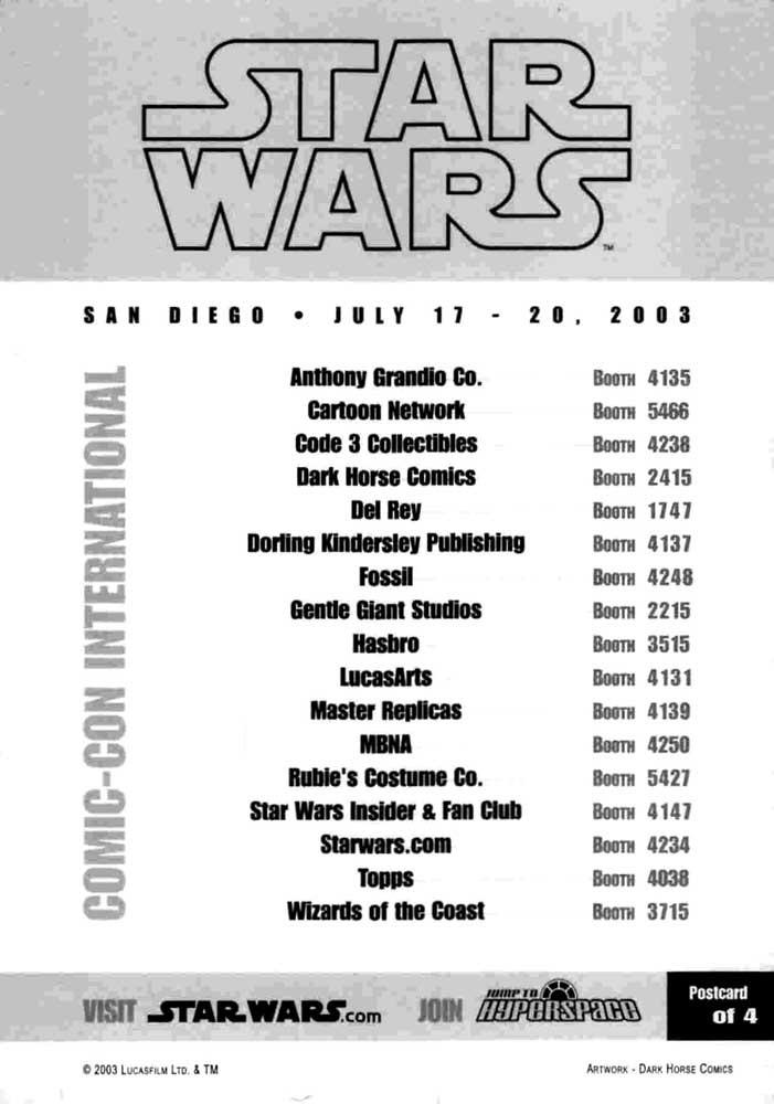 Lucasfilm STAR WARS Hasbro SDCC Comic-Con 2003 Dark Horse postcard BOBA FETT