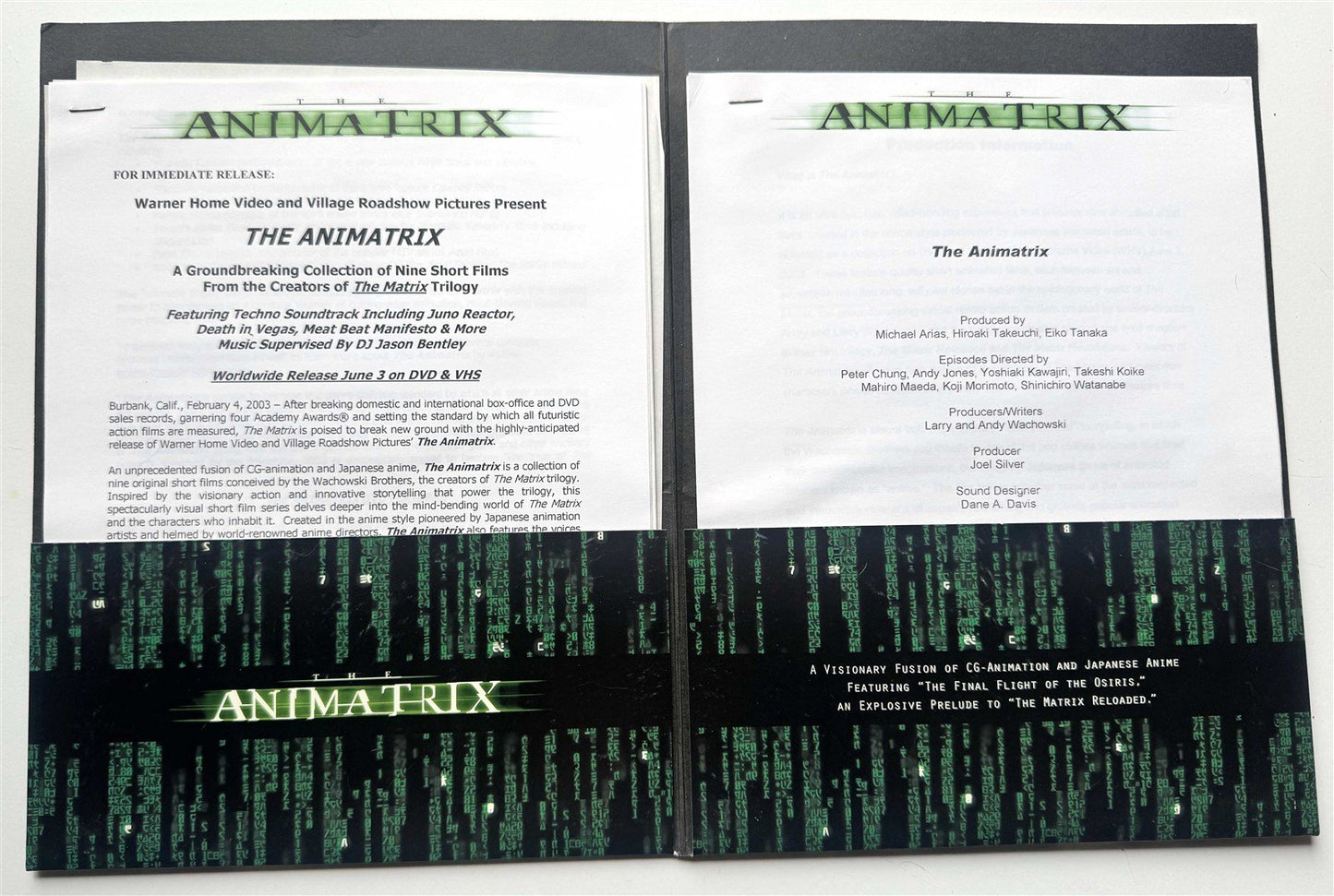 Wachowski's THE ANIMATRIX limited distribution anime style guide press kit 2003