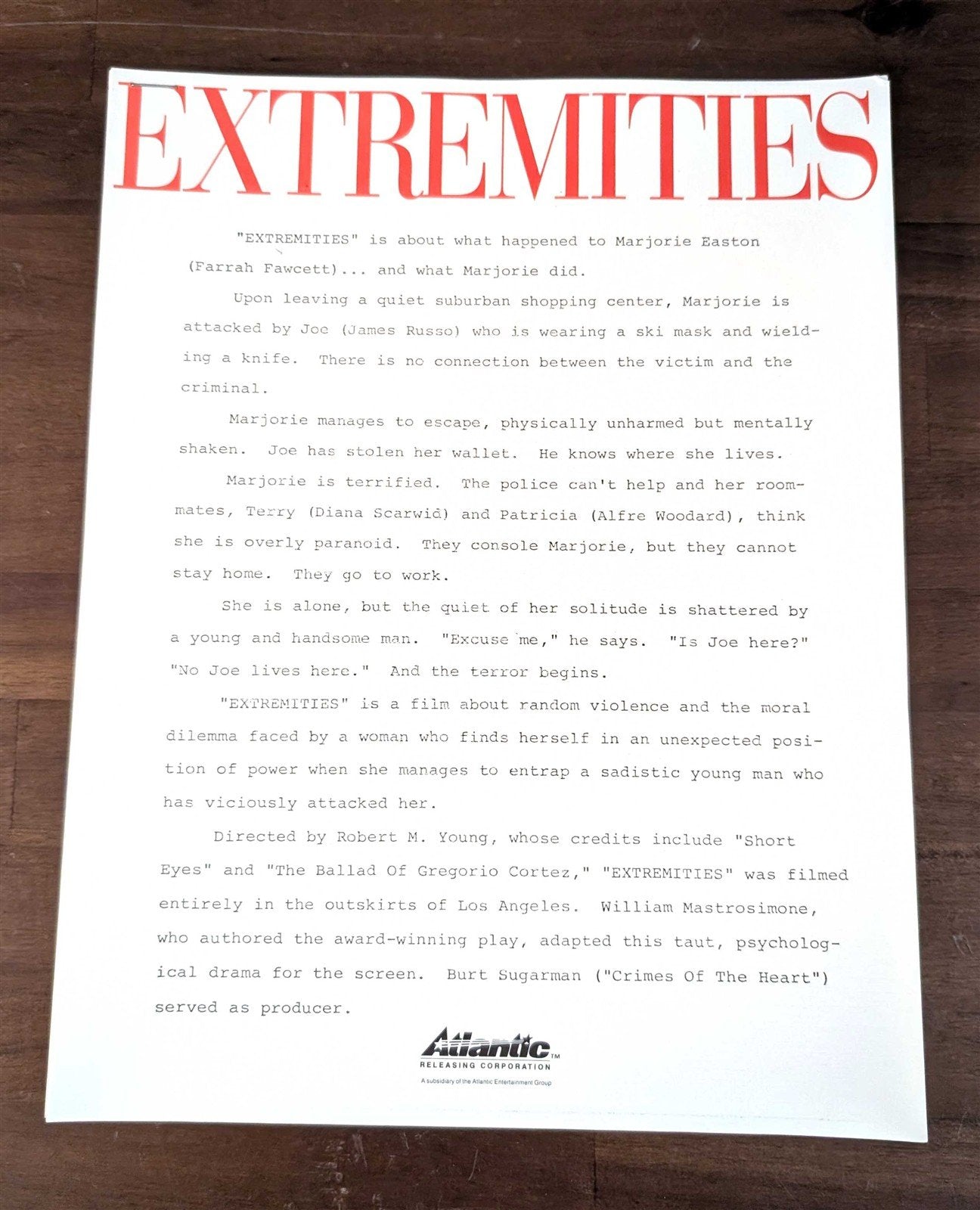 Farrah Fawcett EXTREMITIES James Russo press kit 1983