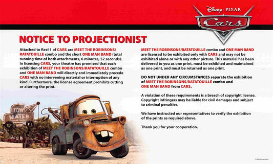 rare Pixar CARS 'Notice to Projectionist' instruction card NEW original