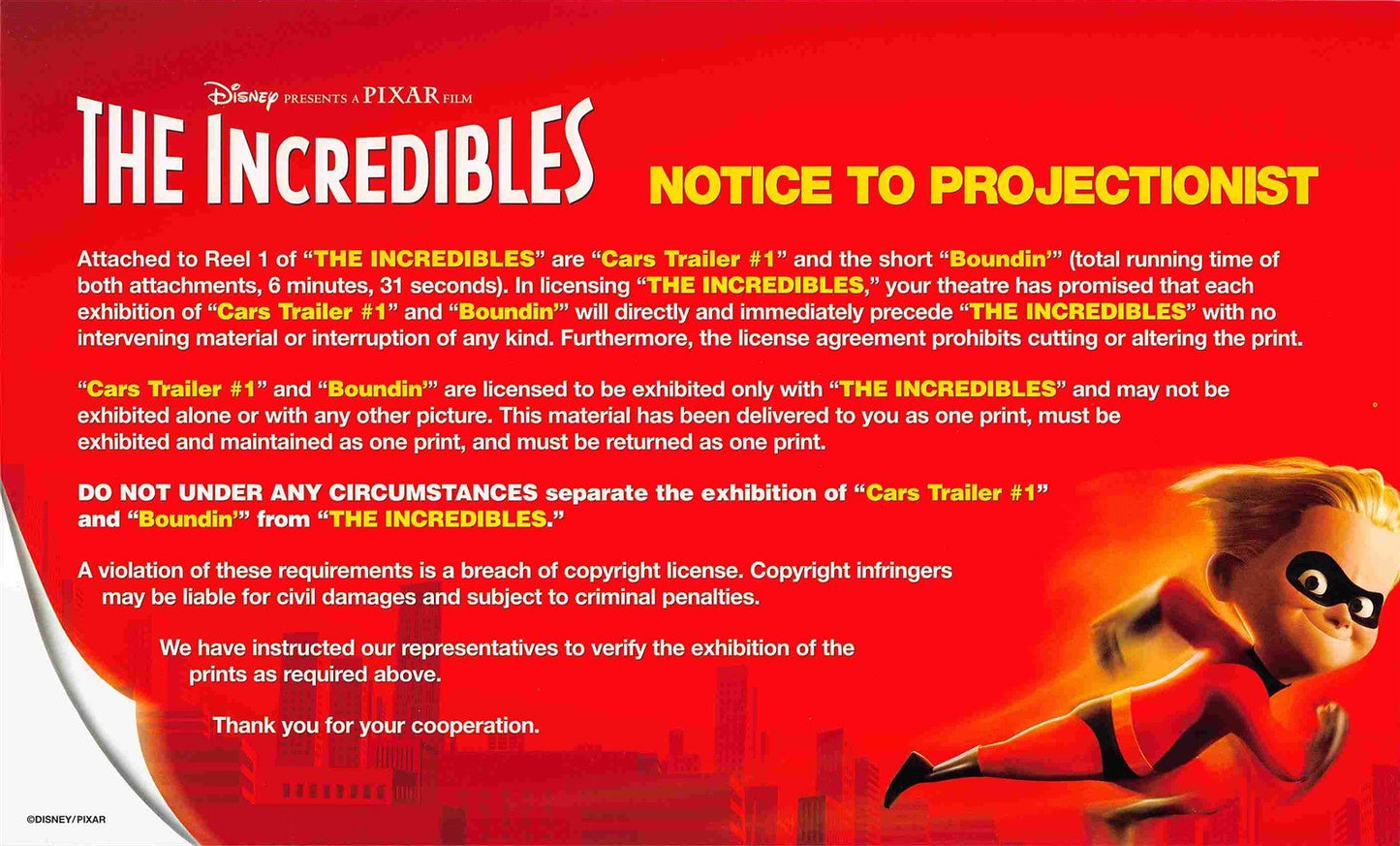 rare Pixar INCREDIBLES 'Notice to Projectionist' instruction card NEW original