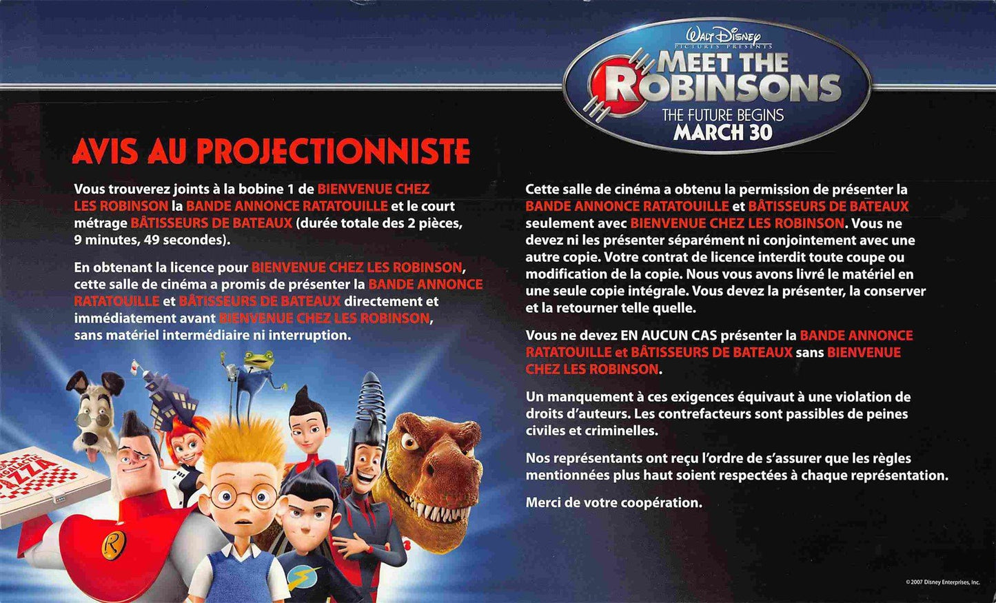 rare Disney MEET THE ROBINSONS 'Notice to Projectionist' instruction card NEW original