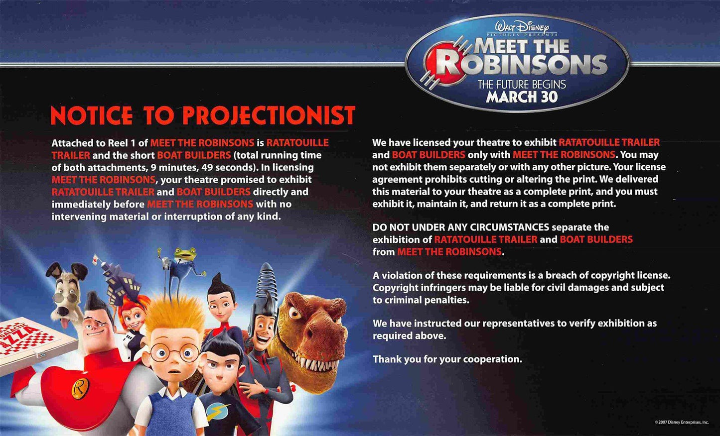 rare Disney MEET THE ROBINSONS 'Notice to Projectionist' instruction card NEW original