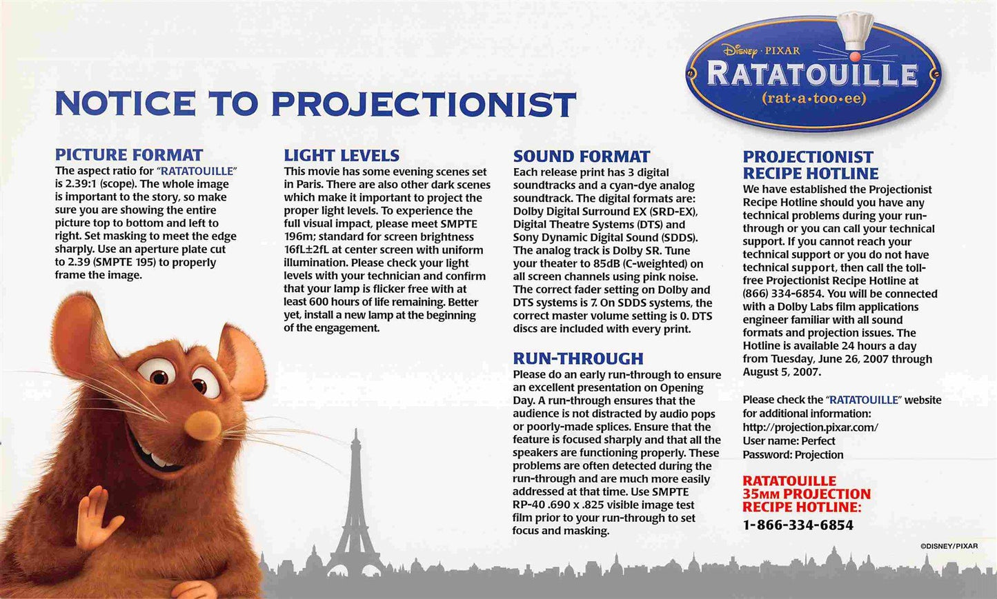 rare Pixar RATATOUILLE 'Notice to Projectionist' instruction card NEW original