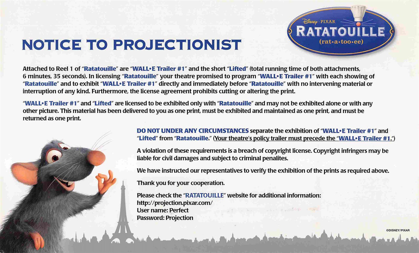 rare Pixar RATATOUILLE 'Notice to Projectionist' instruction card NEW original