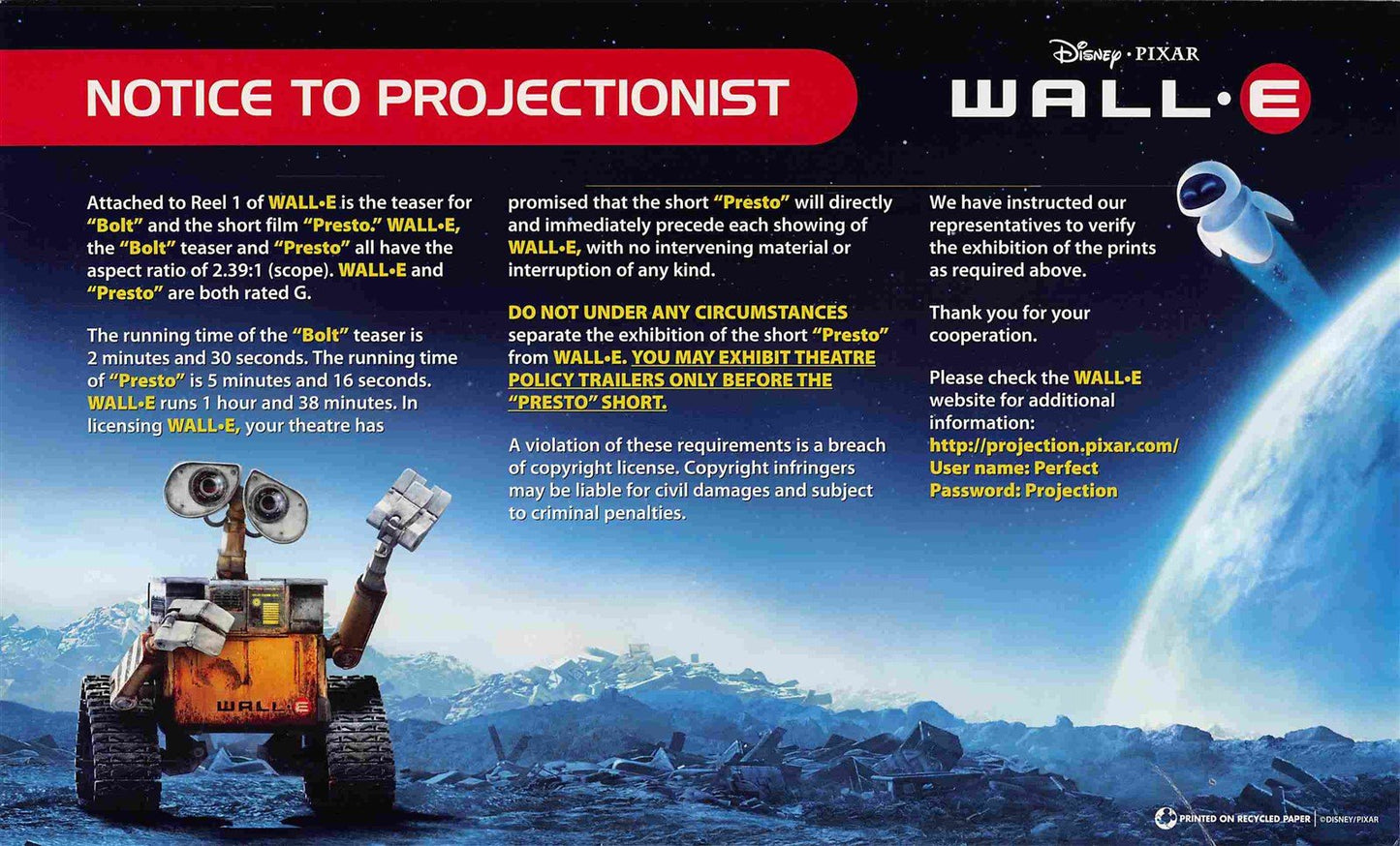 rare Pixar WALL-E 'Notice to Projectionist' instruction card NEW original