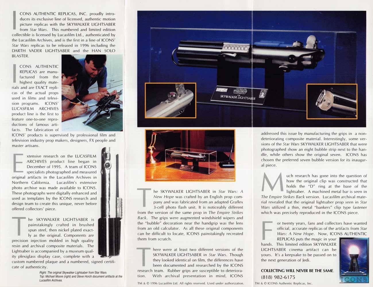 Icons Replicas STAR WARS vintage Skywalker Lightsaber 1996 sell sheet