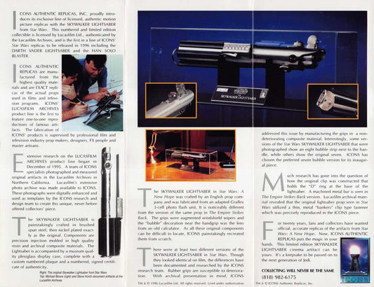 Icons Replicas STAR WARS vintage Skywalker Lightsaber 1996 sell sheet