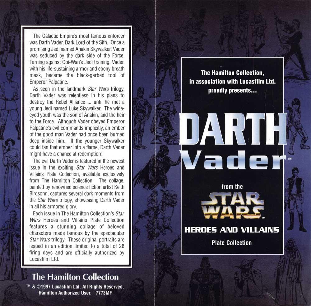 Hamilton Collection STAR WARS Darth Vader plate sell sheet 1997 Keith Birdsong