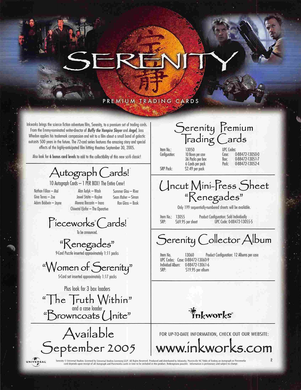 Summer Glau SERENITY Nathan Fillion trading cards sell sheet Inkworks 2005