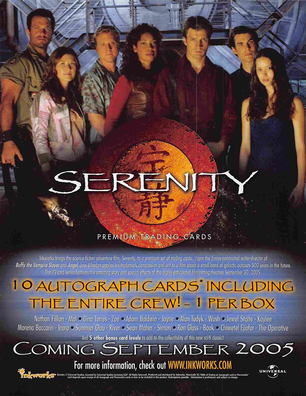 Summer Glau SERENITY Nathan Fillion trading cards sell sheet Inkworks 2005