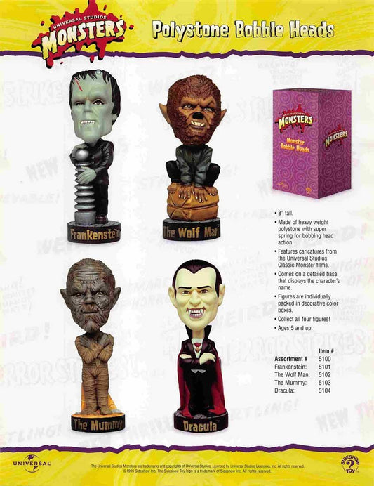 Sideshow Toy UNIVERSAL MONSTERS Bobble Heads sell sheet 1999