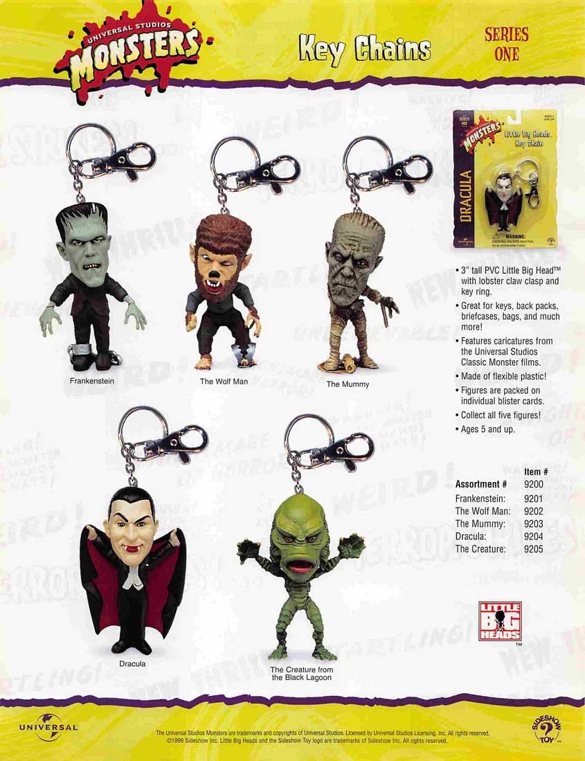 Sideshow Toy UNIVERSAL MONSTERS key chains sell sheet 1999 Dracula Frankenstein