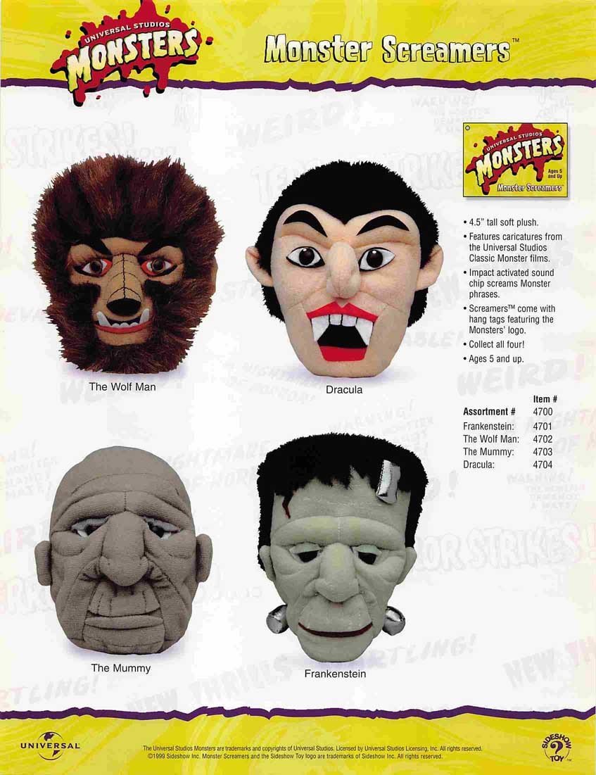 Sideshow Toy UNIVERSAL MONSTERS plush Monster Screamers sell sheet 1999