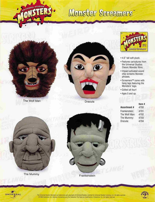 Sideshow Toy UNIVERSAL MONSTERS plush Monster Screamers sell sheet 1999