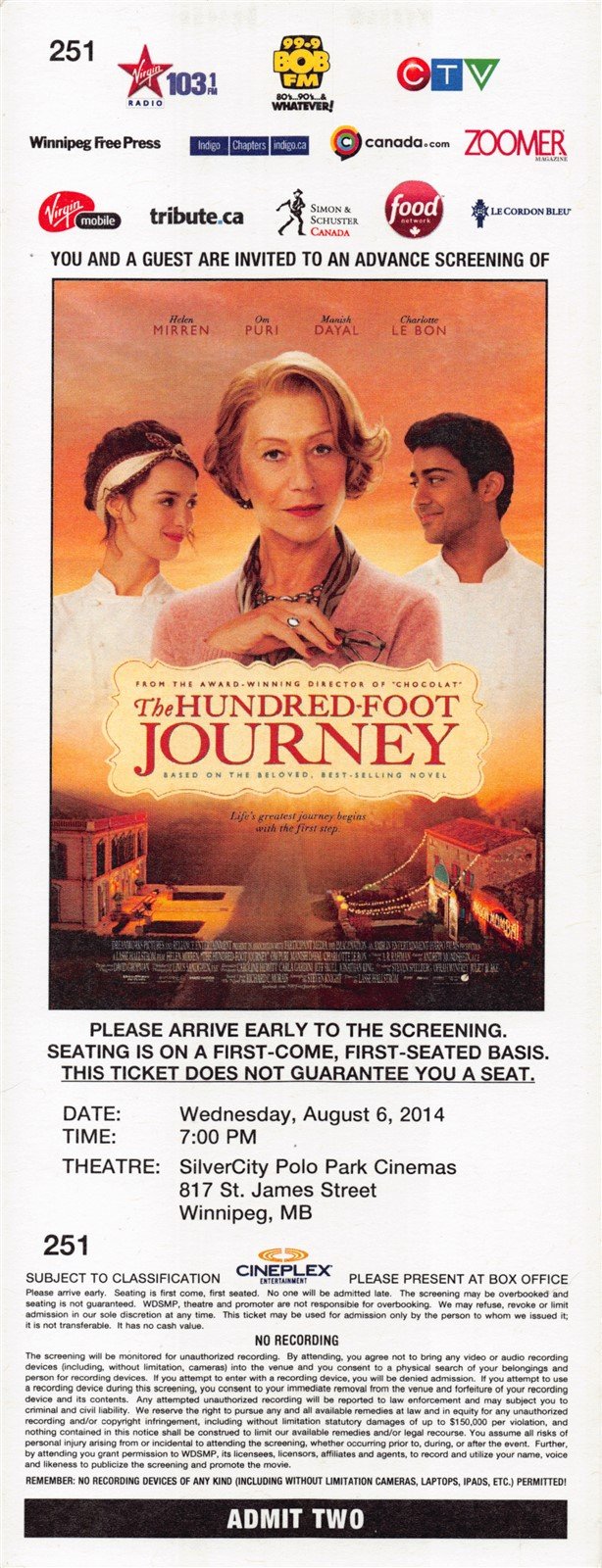 Helen Mirren THE HUNDRED-FOOT JOURNEY original premiere ticket 2014